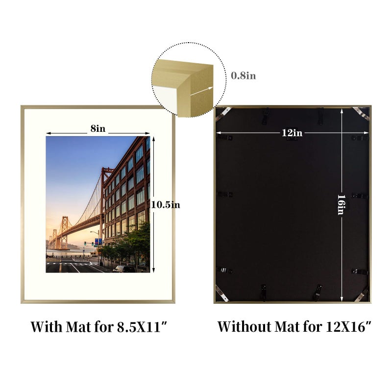 Frametory, 12x16 Aluminum Picture Frame - 12 x 16 Gold Frame with Removable Mat for 8.5 x 11 Photo - 16 by 12 Durable Metal Frame with Real Glass - Sawtooth Hanger for Easy Wall Display - 1 Pack - Image 3